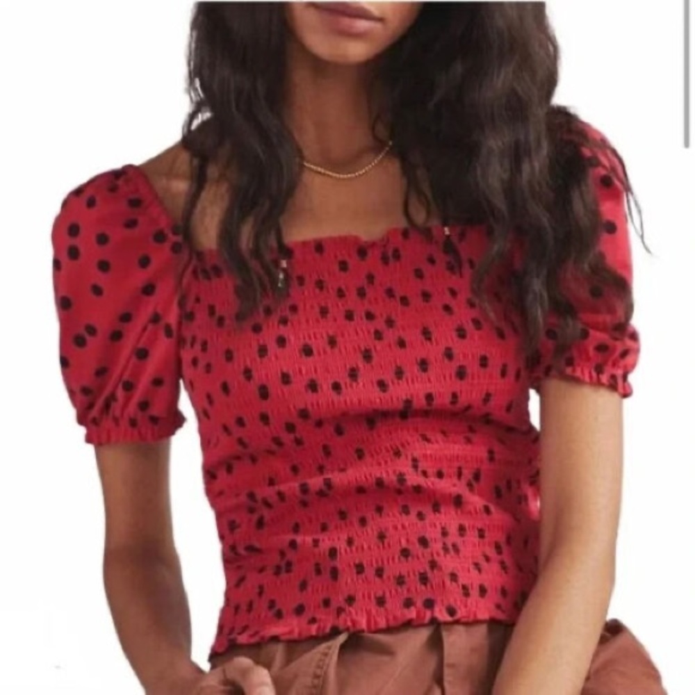 Anthropologie  Dolan Smocked Puff-Sleeve Blouse in Red & Black Polka Dot